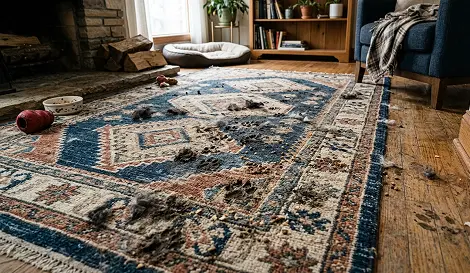 Rug with signs of pet mess like muddy paw prints and spilled food
