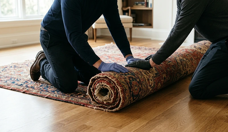 Safe handling of antique rug rolling technique